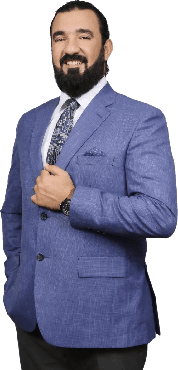 Smiling sign language instructor in a blue suit
